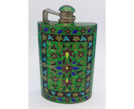 A silver and enamel hip flask, 11cm