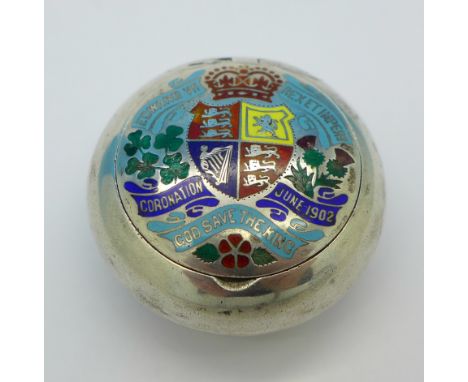 A silver and enamel 1902 Coronation pill box, hinge a/f