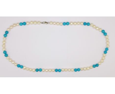 A cultured pearl and turquoise bead necklace