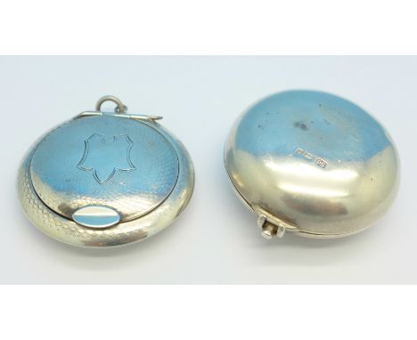 A silver compact with double compartment, London 1910, Samuel Jacob, and one other silver compact lacking mirror, (2)