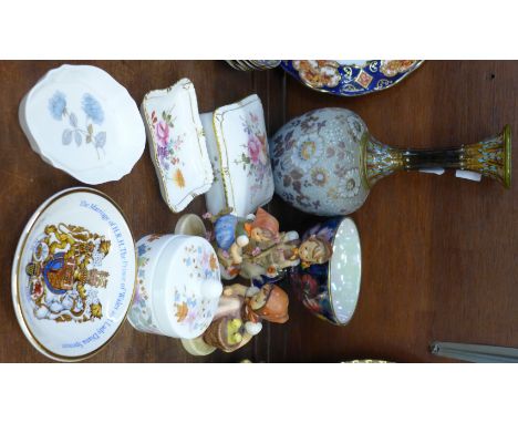 A Doulton Slater's Patent vase, a Maling lustre bowl, Royal Crown Derby box and trinket dish, three Hummel figures, etc.