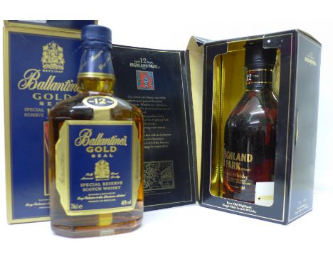Two bottles of Scotch Whisky, rare old Highland Park and Ballantines Gold Seal 12 years old, boxed