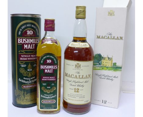 Two bottle of single malt Scotch Whisky, The Macallan 12 years old and Bushmills Malt 10 years old, both boxed