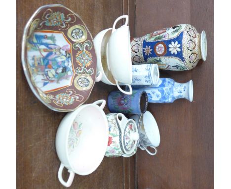 Three Susie Cooper soup bowls, oriental china including teapot, bowl, vases, etc.