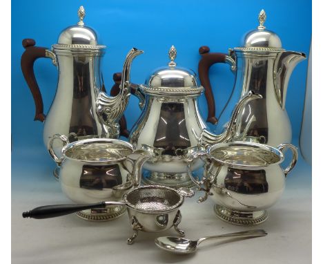 A five piece tea service with spoon, tea strainer and bowl, Barker Ellis Silver Company, 2407g