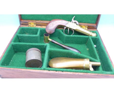 A 'Derringer' flintlock pistol, power flask, shot measure and mould, cased