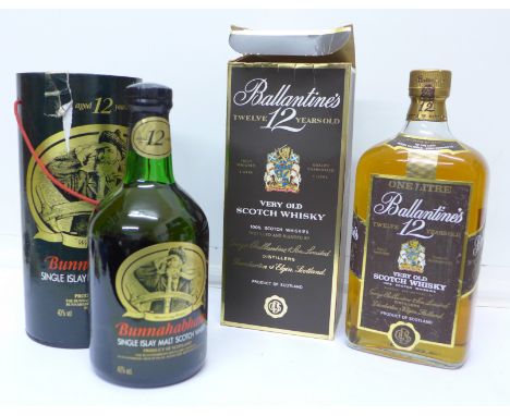 Two bottles of Scotch Whisky, Ballantines 12 years old, very old Scotch Whisky and Bunnahabhain single Islay Malt, boxed