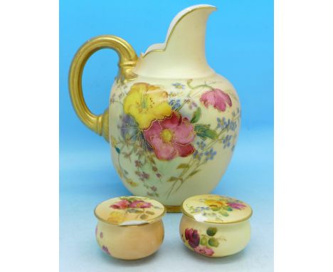 A Royal Worcester blush ivory jug, 1094 printed mark to base, and two Royal Worcester miniature pots, lids a/f