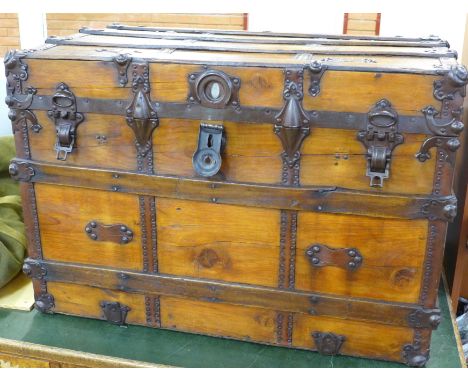 A 19th Century metal and wooden bound ship's trunk, 87cm x 60cm x 52cm