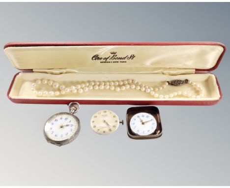 A pearl necklace in box together with an Omega silver cased lady's fob watch with enamelled dial, a further Omega watch movem