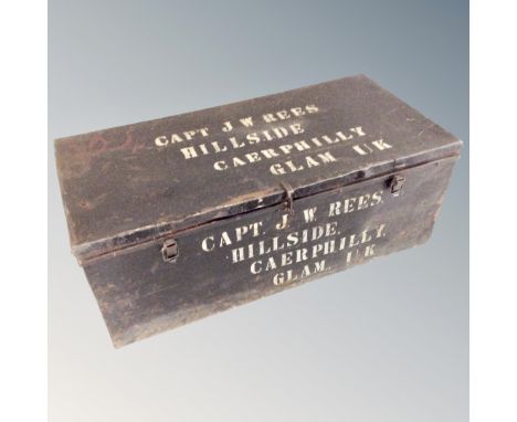 A vintage metal footlocker bearing the name Captain J W Rees Hillside Caerphilly Glamorgan UK 
