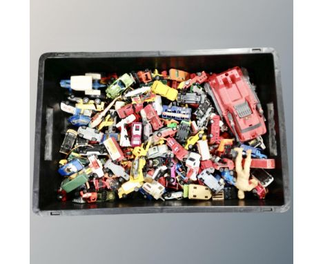 A box containing a quantity of play worn die cast and plastic vehicles including Corgi juniors 007 Lotus Esprit, Dinky, Match