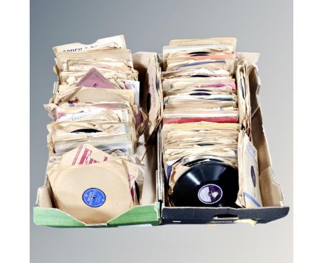Two boxes containing vintage 78s on Imperial, Brunswick, Philips, Parlophone and HMV labels.