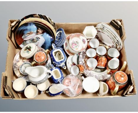 Two boxes containing a vintage doll, glassware, assorted ceramics including Japanese eggshell export tea service, collector's