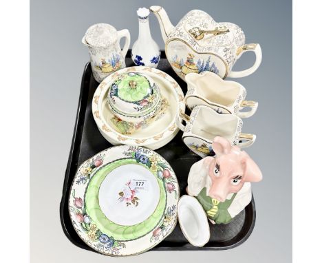 A tray containing assorted ceramics including a four piece Tunstall heart-shaped tea service, Maling, Wade NatWest pig etc.