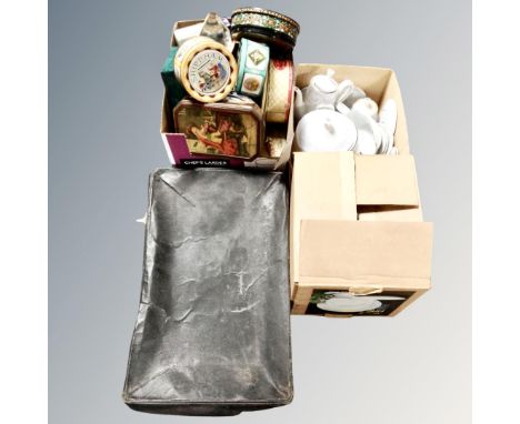 A vintage case together with three boxes containing tins and Crown Ming dinnerware.