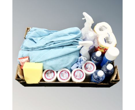 A box containing a quantity of cleaning products including microfibre cloths, Kleenez powerpaste and pads, Blue Magic multi-s