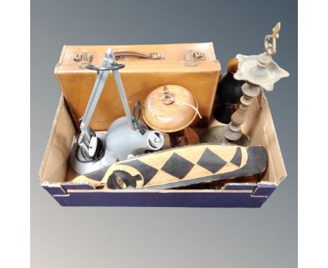 A box containing a vintage leather luggage case, 20th century angle poise lamp, an oak desktop pocket watch stand, brass smok