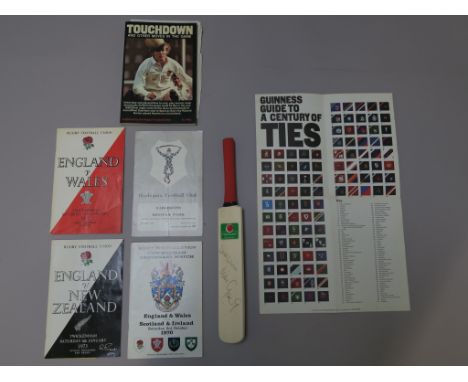 Cricket and Rugby lot including Mike Gatting small N Power signed cricket bat and rugby programmes including England V New Ze