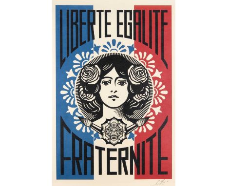 Shepard Fairey (American 1970-), 'Liberte, Egalite, Fraternite', 2023, offset lithograph in colours on cream Speckle Tone pap
