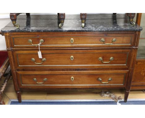 A late 18th century French Directoire period mahogany commode, with marble top W.127.5cm