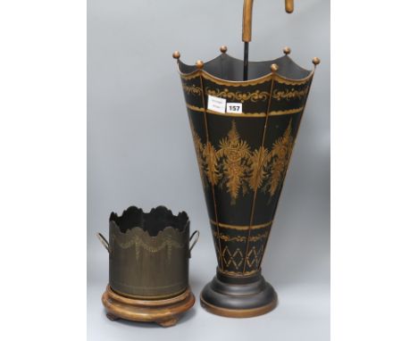 A black and gilt lacquered toleware stick stand and a jardiniere tallest 73cm