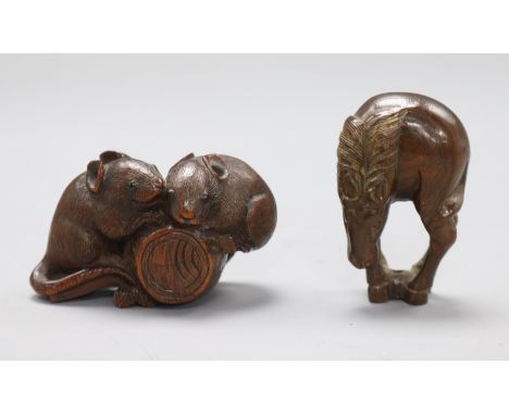 A 19th century Japanese wood netsuke of two rats with Daikoku's mallet and a wood netsuke of a horse,