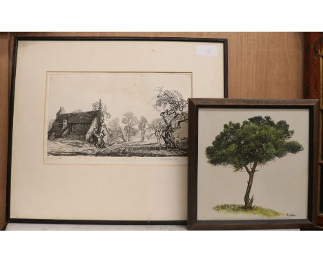 Dykie Wallace, oil on canvas, study of a pine tree, 25 x 25cm and an etching by Charles Chaplin. 20 x 24cm