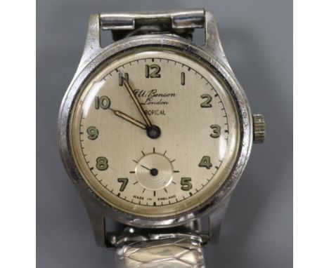 A JW Benson stainless steel "Tropical" manual wind wrist watch.