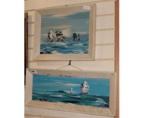 George R. Deakins, two oils on card, shipping at sea, signed, 18 x 59cm and 29 x 39cm