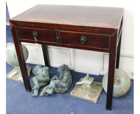 A Chinese hardwood two drawer writing table W.96cm