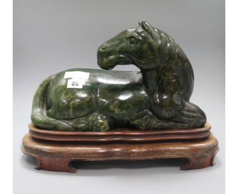 A large Chinese spinach green jade horse, on stand overall height 29.5cm