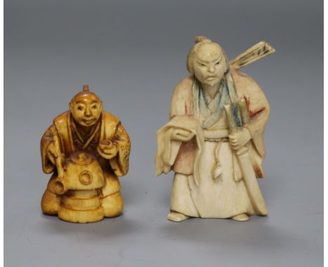 Two Japanese ivory netsuke of a Samurai and a man with a pot