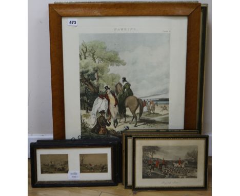 After Samuel Howitt, set of four coloured shooting prints and another coloured print, Hawking, overall 54 x 42cm