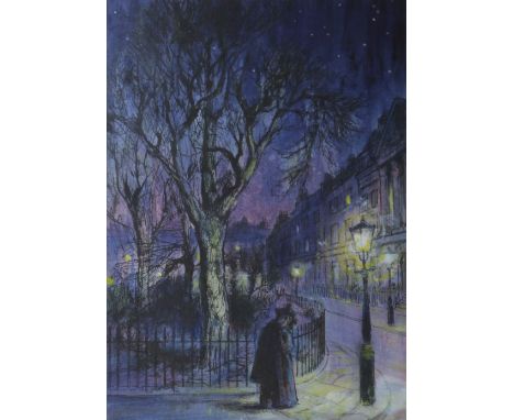 Clarke Hutton (1898-1985) mixed media, street scene from Pygmalion Act III, 29 x 21cm