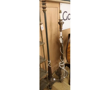 A Regency rosewood pole screen (converted to a lamp standard) and a Florentine style lamp standard (2) Each Width of base 27c