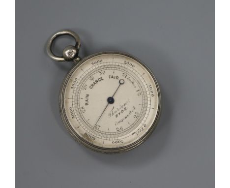An engine turned white metal cased pocket barometer, inscribed "Thurlow, Ryde", 35mm.
