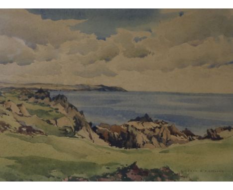 John R Nicholson, watercolour, coastal landscape, signed, 27 x 37cm