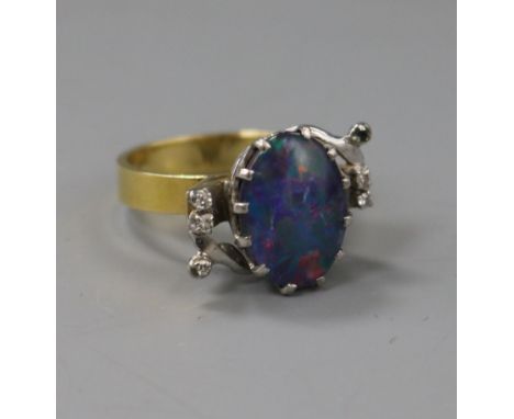 A yellow metal, opal doublet and diamond dress ring, size O.