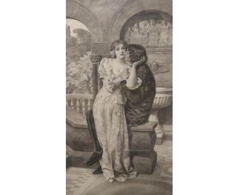 After Edward Robert Hughes (1851-1914), a mezzotint depicting lovers on a balcony, probably Romeo and Juliet, signed in penci