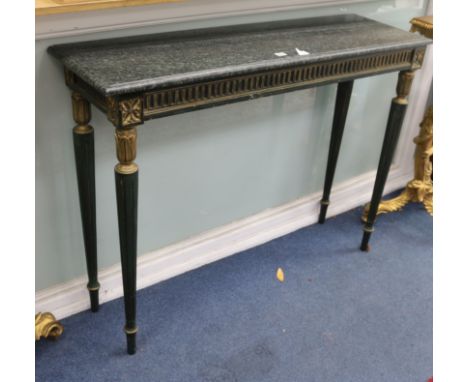 A Regency style black and giltwood marble topped hall table W.122cm