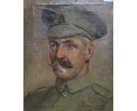 G E Butler, oil on canvas, portrait of an army officer, signed and dated 1916, 41 x 30cm, unframed