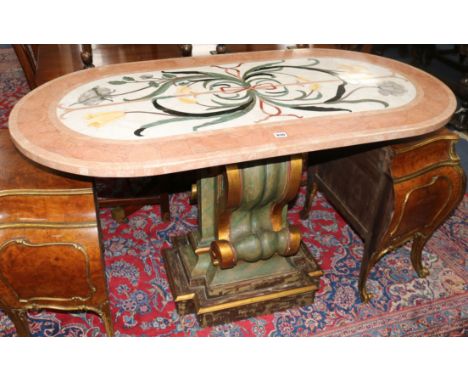 An Italian table with pietra dura oval marble top, raised on a gilt and green single scrolled pedestal (damage to edge of top