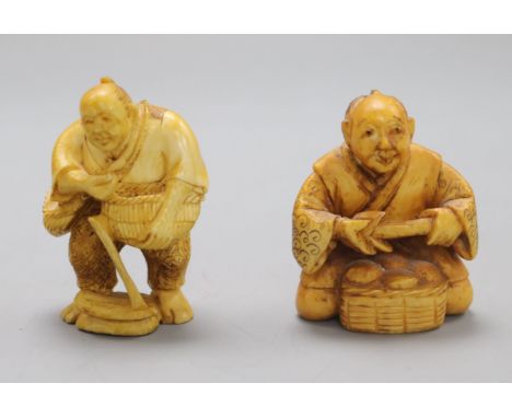 Two early 20th century Japanese ivory netsuke of street peddlers,