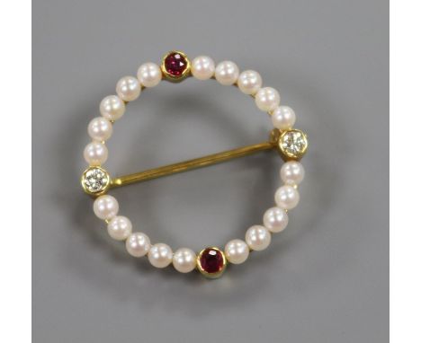An 18ct yellow gold, pearl, ruby and diamond-set target brooch, 25mm.