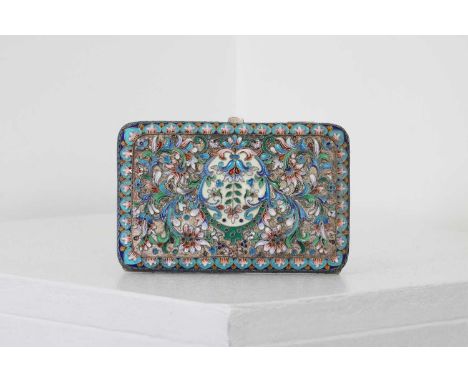 A Russian silver and cloisonné cigarette case,Moscow, c.1908, marked 84 standard,of rectangular form with rounded corners, th