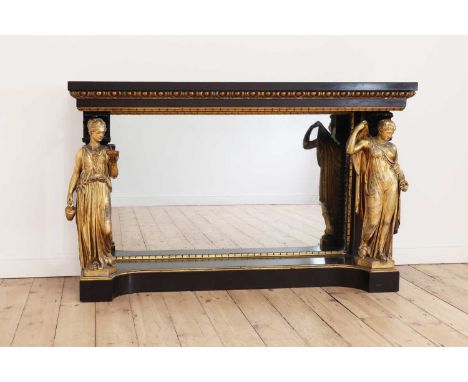 An ebonised and parcel-gilt console table, late 19th century, the rectangular top above an egg-and-dart moulded frieze, with 