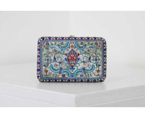 A Russian silver and cloisonné cigarette case,Moscow, c.1900, marked 84 standard,of rectangular form with rounded corners, th