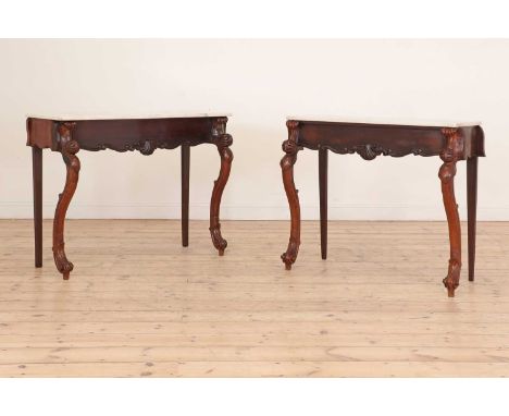 A near pair of mahogany and rosewood console tables, probably early 20th century but incorporating some 19th century elements