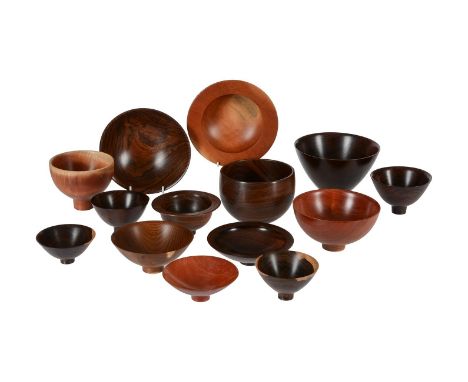 λ RAY KEY (1942-2018), A GROUP OF TEN VARIOUS TURNED DARK WOOD BOWLS AND VESSELLS  Including cocobolo,  Each numbered, signed